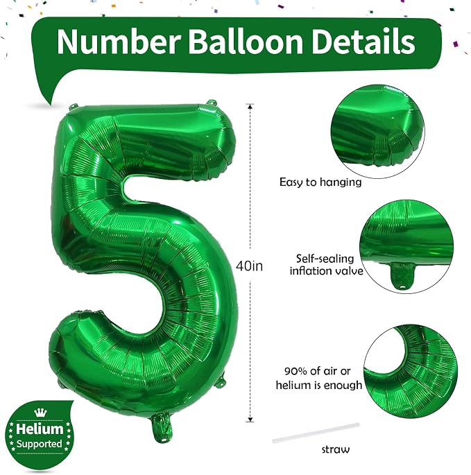 40 Inch Dark Green 5 Number Balloons, Large Foil Self Inflating 5th Birthday - Image 2