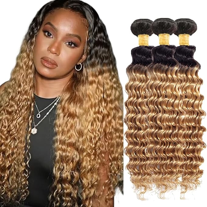 28 30 32 Inch Ombre Blonde Bundles Human Hair 1b27 Deep Wave Bundles Brazilian Virgin Soft and Silky Remy Hair Extensions 2 Tone Black and Honey Blonde Deep Wave Bundle 150g