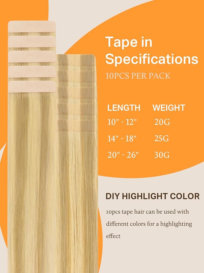 DOORES Tape in Hair Extensions Human Hair, 10pcs 25g 16 Inch Drity Blonde Highlight Golden Blonde, Human Hair Extensions Natural Hair Extensions Seamless Straight