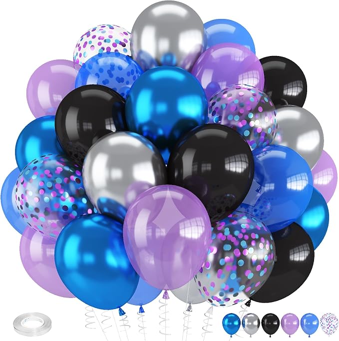 Black Blue and Purple Balloons, 12 Inch Metallic Blue Purple Black and Silver by Froova