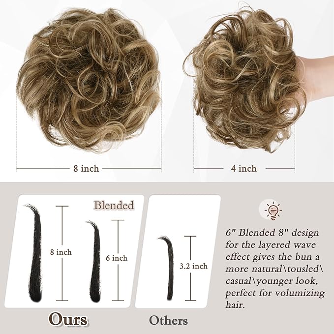 RUWISS Large Messy Bun Hair Piece 100% Human Hair Layered Wavy Curly Hair Buns Hair Piece for Women Thick Updo Hairpiece for Daily Wear Real Hair Scrunchies Brown Ponytail Extension