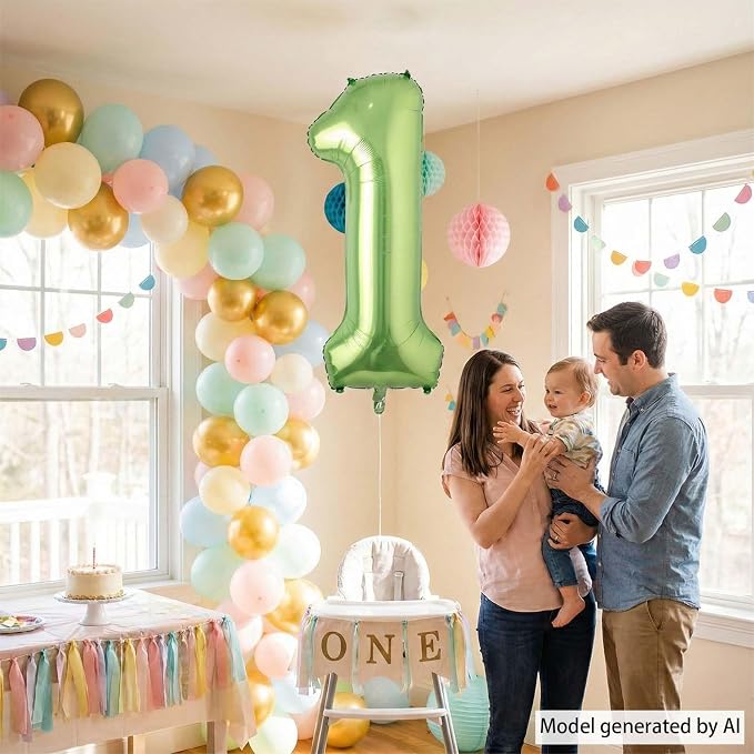 Light Green Number 1 Balloon 40 Inch, Shiny Foil Numeral Party Supplies | - Image 8