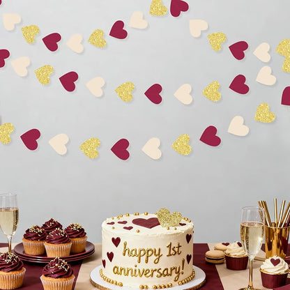 Maroon Gold Party Decorations Burgundy Beige Glitter Gold Paper Love Heart - Image 8