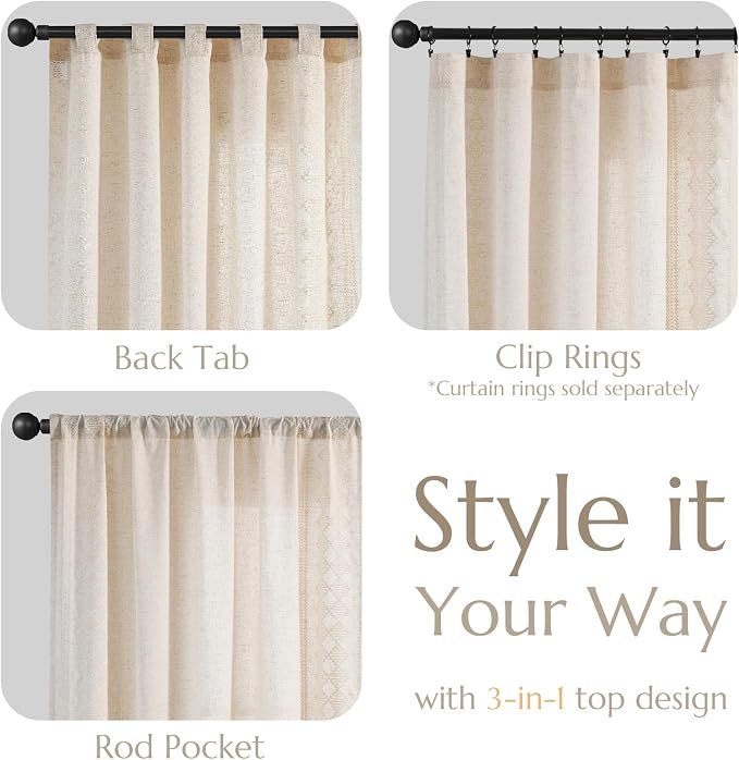 jinchan Floral Linen Curtains Embroidered Back Tab 50x96in 2 Panels Ivory | - Image 6