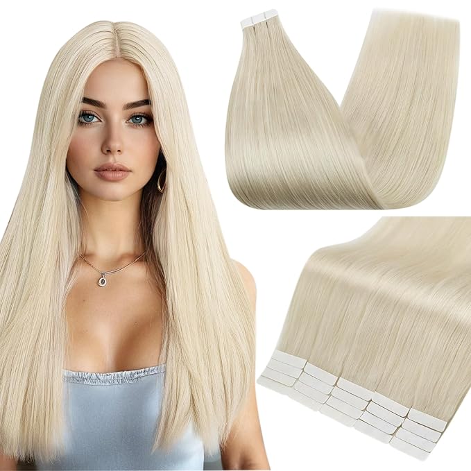 Full Shine Tape in Extensions Human Hair Color 1000 Blonde Remy Human Hair Extensions Tape Ins 20 Inch Invisible Seamless Tape in Hair Extensions 50g 20PCS Add Length