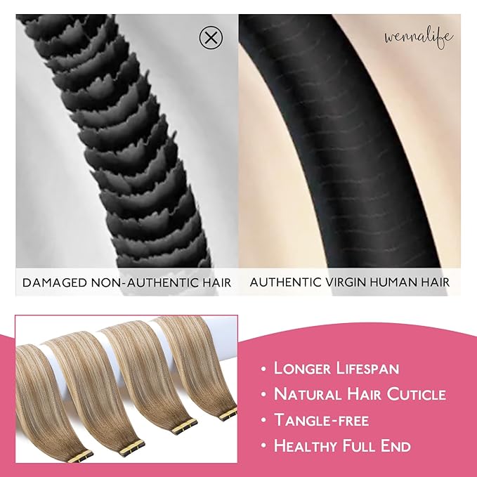 WENNALIFE Tape in Hair Extensions Human Hair Balayage Dirty Blonde with Platinum Ends Tape in Extensions, 10pcs 30g 26 inch Remy Invisible Tape Ins Straight Colored Soft Refill Set