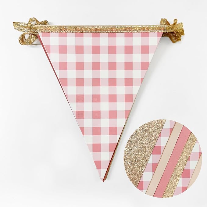 Dusty Rose Pink Buffalo Plaid Champagne Gold Party Decorations Pennant Banner - Image 3