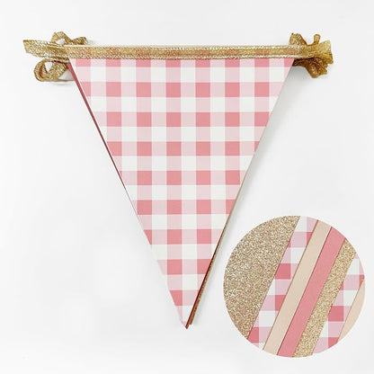 Dusty Rose Pink Buffalo Plaid Champagne Gold Party Decorations Pennant Banner - Image 3