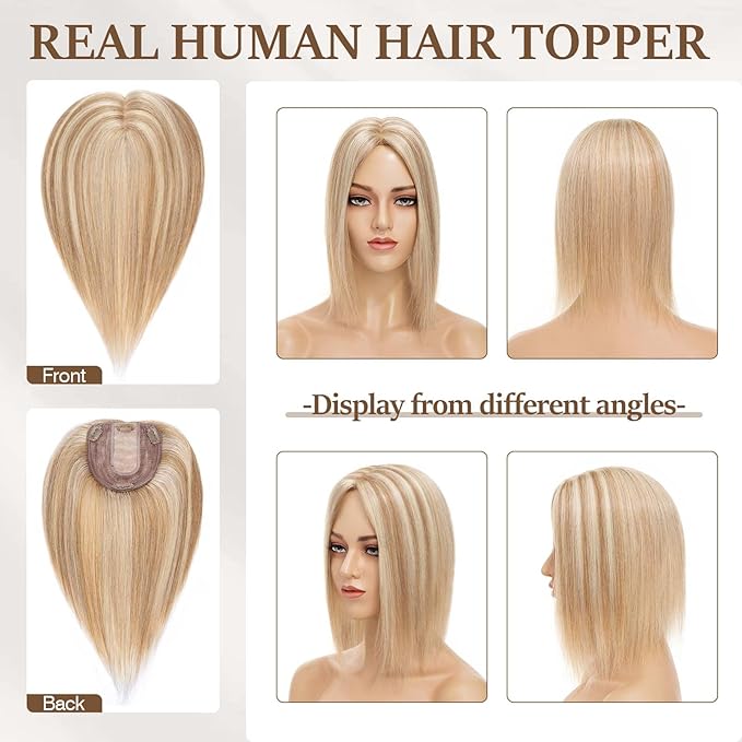 Rich Choices Hair Toppers for Women Real Human Hair 100% Human Remy Toppers NO Bangs with Thinning on Top Clip in Hairpiece 4"x4.7"Lace Base 10 Inch #12P613 Golden Brown Highlights Bleach Blonde