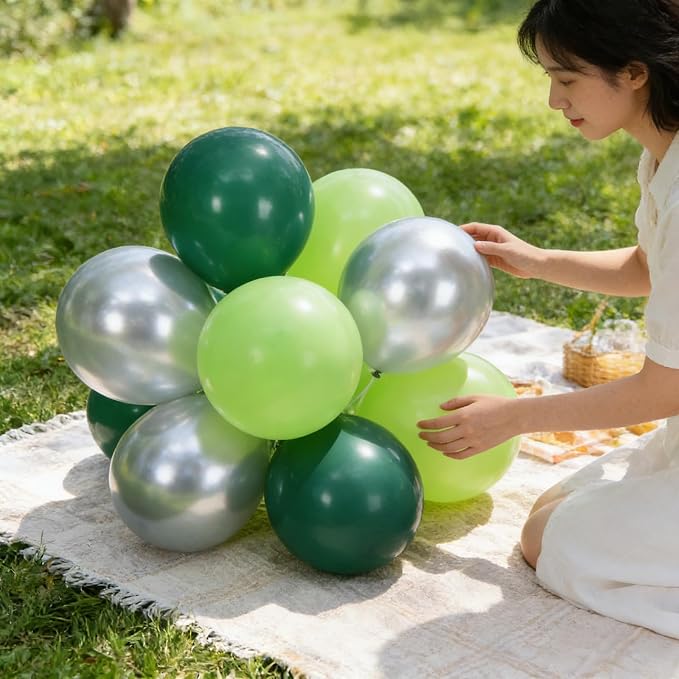 Green Balloons, 12 Inch Dark Emerald Lime Green Metallic Silver Latex Balloons - Image 7