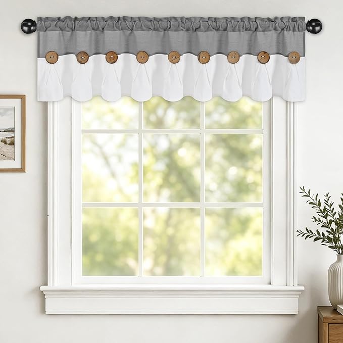 Farmhouse Valance Curtains, Boho Cotton Linen Kitchen Valance, Rustic Button by FRAMICS