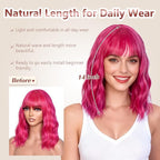 Bob Wig With Bangs Wave Wigs for Women 14 Inch Short Loose Wavy Heat Resistant Synthetic Wig Shoulder Length Hair for Daily and Cospaly Party Use (Rose mixed Purple)