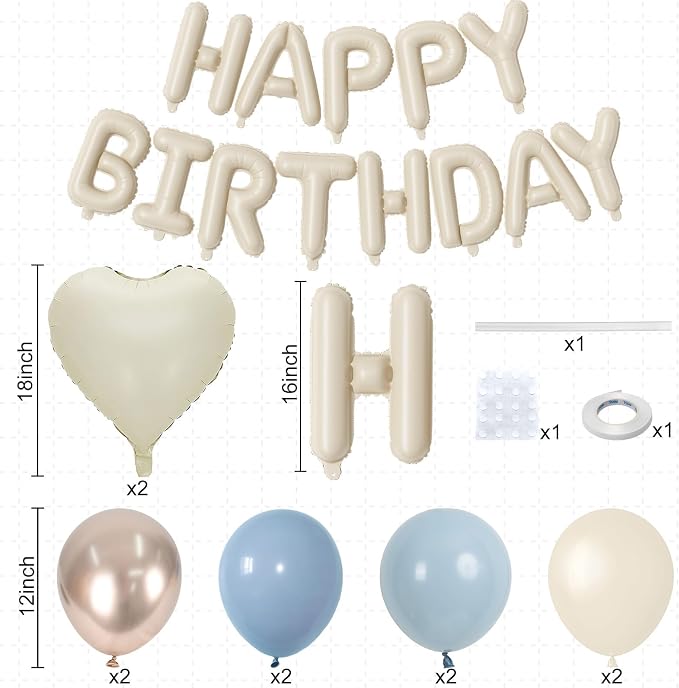 Happy Birthday Balloon Banner Cream Blue, 16 Inch Beige Mylar Letters Heart - Image 4