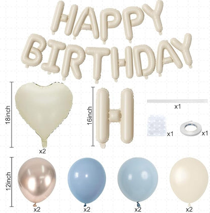 Happy Birthday Balloon Banner Cream Blue, 16 Inch Beige Mylar Letters Heart - Image 4