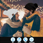 Wireless Music Beanie Women Beanie Girls Hat Over Ear Headset Sports Stereo Headphone with Microphone Speaker Womens Beanie Cap Snow White