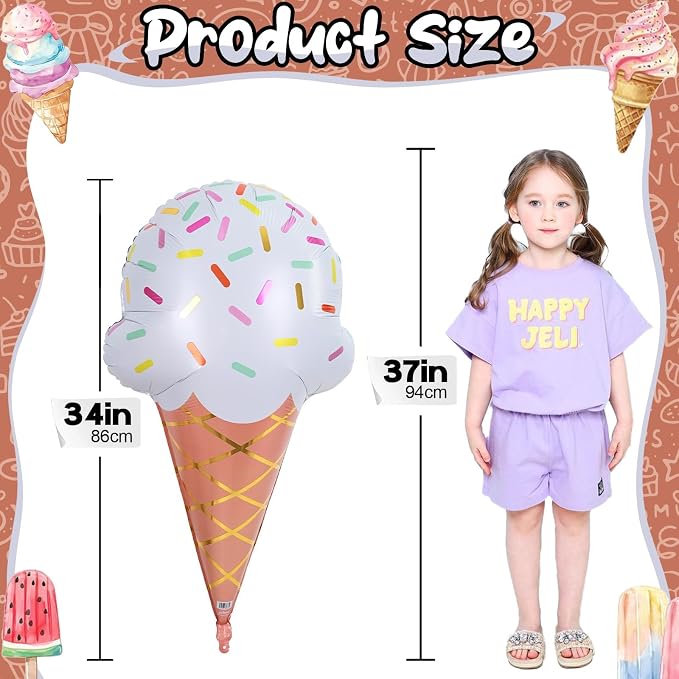 32 Inch Large Ice Cream Balloons Cone Kit, Giant Sweet Ice Cream Sprinkle Foil - Image 2