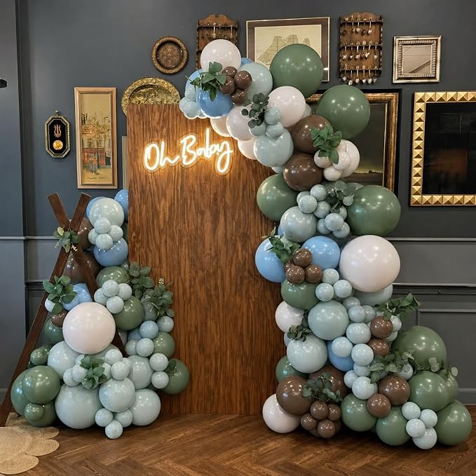Sage Green Blue Brown Balloons for Jungle Woodland Baby Shower Decorations | - Image 6