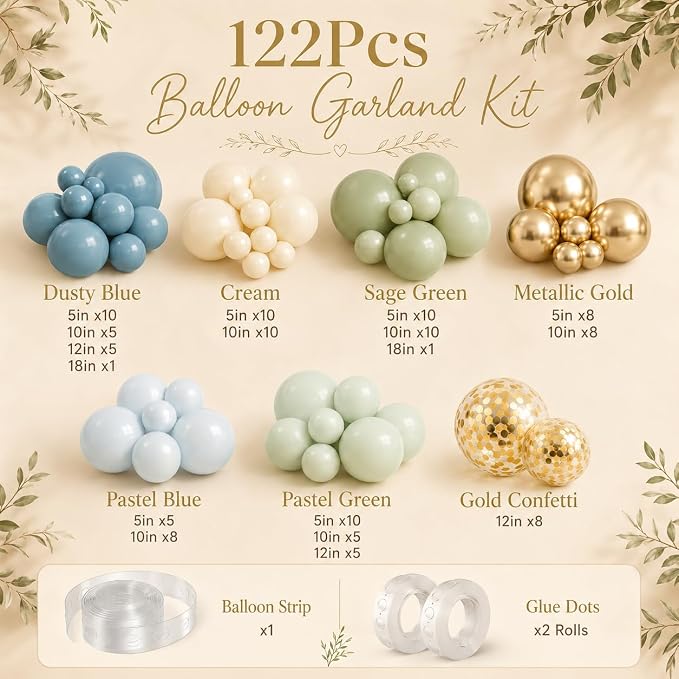 Jobkoo 122Pcs Dusty Blue Sage Green Balloon Garland Kit, Dino Green Slate Blue - Image 3