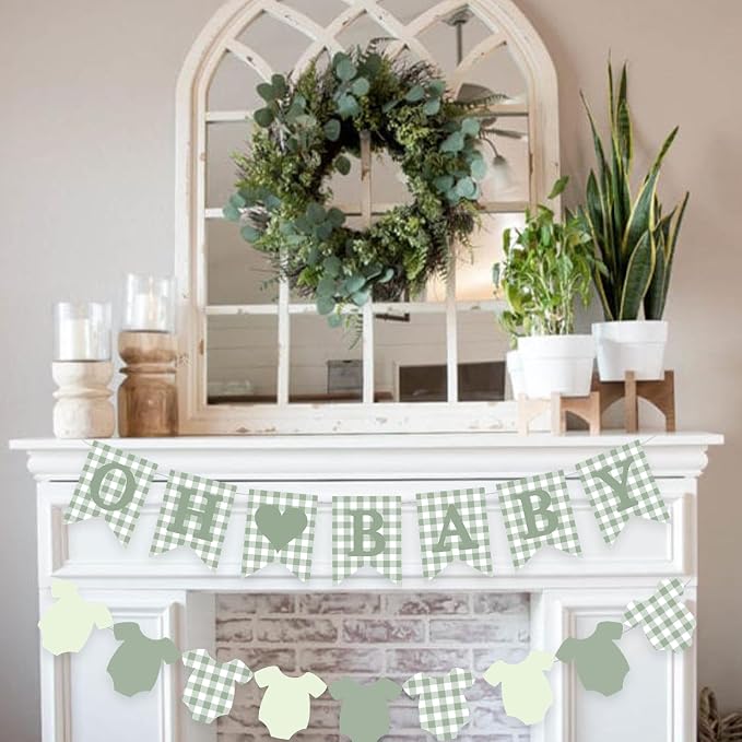 Green Gingham Baby Banner Sage Plaid Welcome Baby Shower Sign Decoration - Image 3