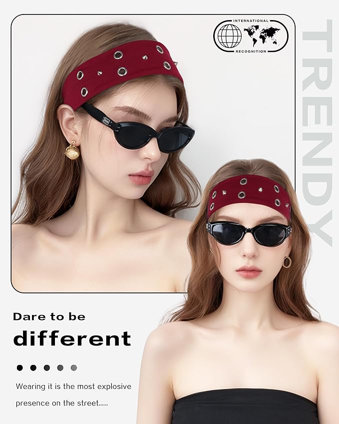 Grommet Headband for Women, Red Triangle Studs 23cm Hollow Out Elastic Hair Band, Eyelets Punk Grunge Stylish Hairband