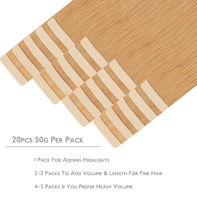 WENNALIFE Tape in Hair Extensions Human Hair, 20pcs 50g 22 inch Strawberry Blonde Remy Hair Extensions Straight Human Hair Tape in Extensions Skin Weft Tape Extensions Human Hair