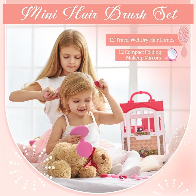 Meanplan 24 Pcs Mini Hair Brush Set 12 Travel Wet Dry Hair Combs Pocket Detangling 12 Compact Folding Makeup Mirrors for Spa Sleepover Birthday Bridal Shower Bachelorette Christmas Party Gift (Pink)