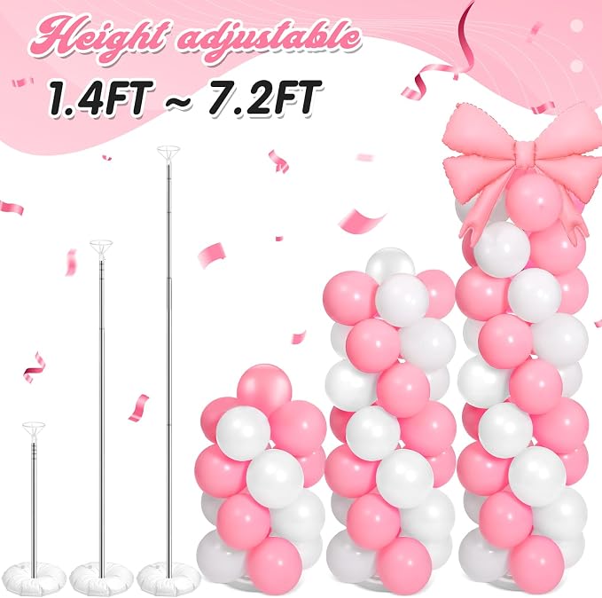 2 Sets Pink White Bow Balloon Column Stand Kit Includes 2 Bows & 100 Latex - Image 6