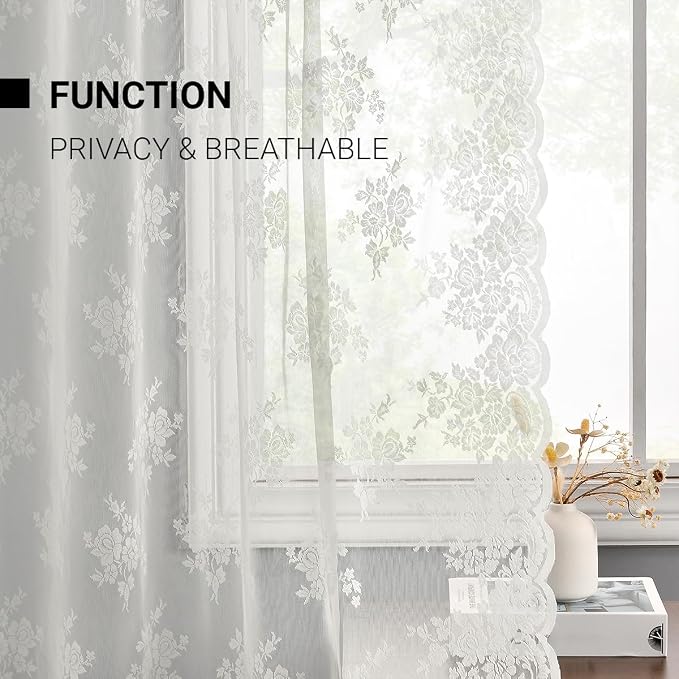 Kotile Ivory Lace Curtains for Living Room Vintage 52 x 96 Inch, 2 Panels | Rod - Image 5
