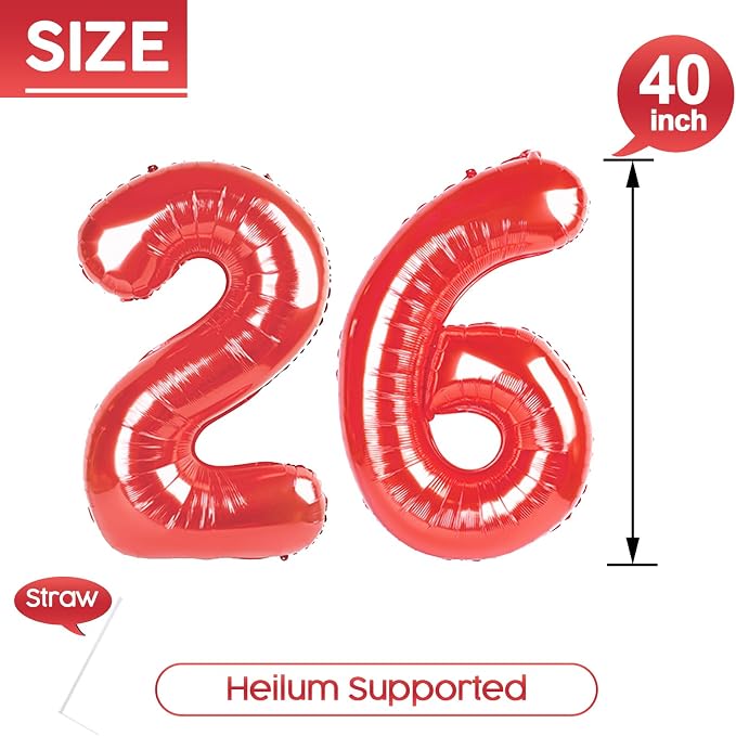 26 Balloon - Red Birthday Number Balloons, 40 Inch Decorations Men Women | Red - Image 5
