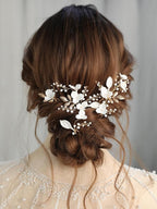 Beads Pearl Hair Pins, 6 Pcs Bridal Handmade White 3D Pinch Flower Fairy Bride Wedding Hair Pieces Leaf U Shaped Hair Accessories Headpiece Bridesmaids Women Girls Gold