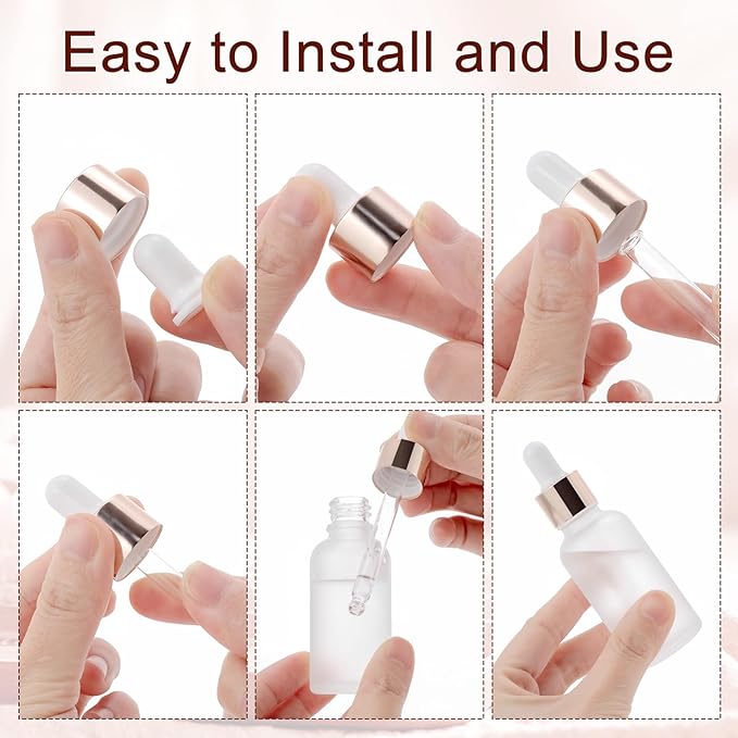 30 Pack 30ml Frosted Glass Dropper Bottles for Essential Oils, 1oz Eye Dropper Bottles with Rose Golden Caps for Travel, Small Empty Glass Tincture Vials with Droppers, Funnels & 30 Labels