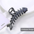 Black Metal Fishbone Hair Clip, 1Pcs - Big Fish Shaped Hair Claw Clips for Women and Girls, Secure Hair Styling and Accessories