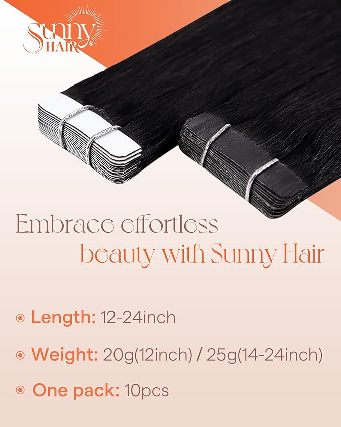 Sunny Hair Tape in Hair Extensions Real Human Hair Invisible Remy Hair Extensions Tape ins for Women Jet Black 12 inch 20G