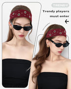 Grommet Headband for Women, Red Round Studs 23cm Hollow Out Elastic Hair Band, Eyelets Punk Grunge Stylish Hairband