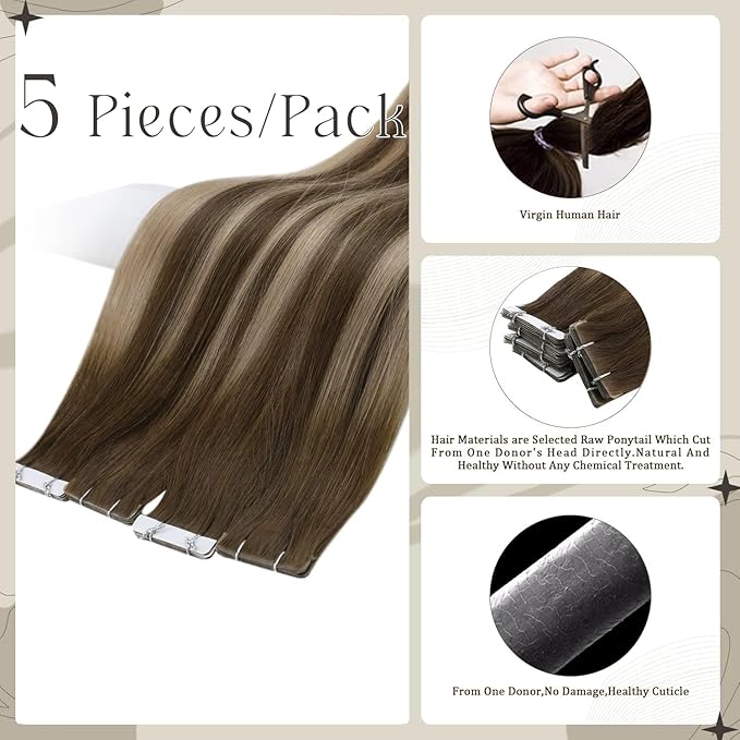 Full Shine Virgin Tape in Hair Extensions 5Pcs 14 Inch Injection Tape in Extensions Human Hair Color 4 Medium Brown Fading to 27 Honey Blonde And Brown Seamless Tapes in Human Hair for Women 10 Gram