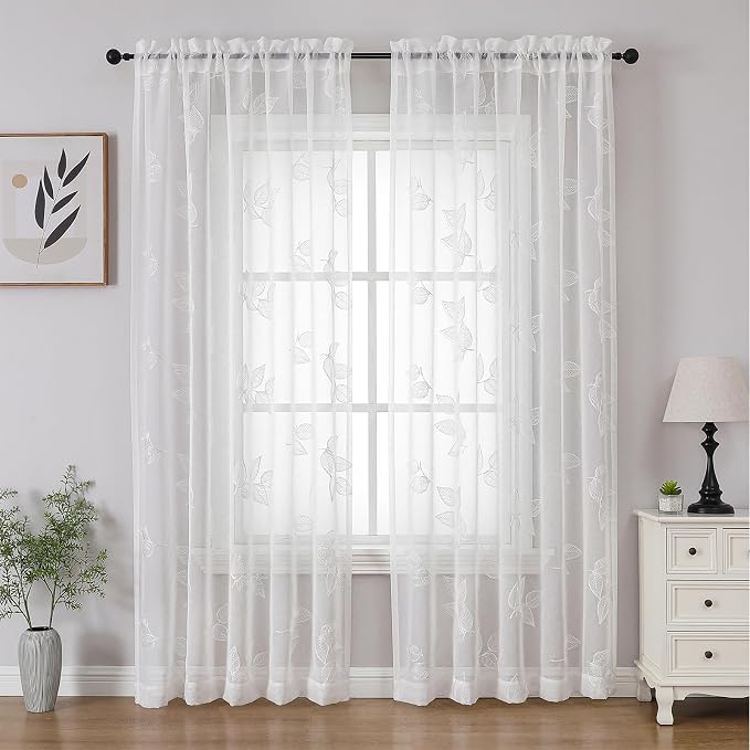 White Sheer Curtains Leaf Embroidered 63 Inches Long 2 Panels | Light Filtering - Image 2