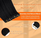 Full Shine Insert Virgin Tape in Hair Extensions Color Black Seamless Human Hair Tape in Extensions 25Gram Invisible Injection Tape Hair Extensions Real Human Hair 24Inch 10Pcs for Travel