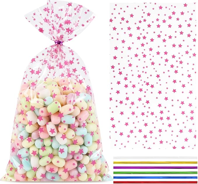 COQOFA 100 Pcs Pink Star 7"X12" Gift Wrap Cello Cellophane Treat Bags Party by COQOFA