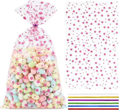 COQOFA 100 Pcs Pink Star 7"X12" Gift Wrap Cello Cellophane Treat Bags Party by COQOFA