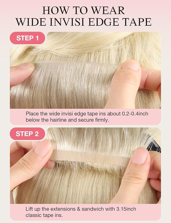 DOORES Invisi Edge Wide Tape in Hair Extensions Real Human Hair, Platinum Blonde 4PCS Injection Tape ins 20g 20 Inch, Invisible Injected 3 Inch Wide Human Extensions Straight