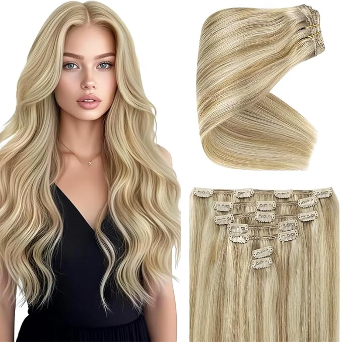 Ve Sunny Real Hair Extensions Clip in Human Hair Double Weft Remy Hair Extensions Clip in Extensions Human Hair for Women Full Head Dark Blonde Highlights Golden Blonde 7pcs 20 inch 120g
