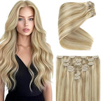 Ve Sunny Clip in Hair Extensions Real Human Hair Dark Blonde Highlights Golden Blonde Human Hair Clip in Extensions Real Human Hair Extensions for Women Thick Hair 7pcs 100g 14 inch