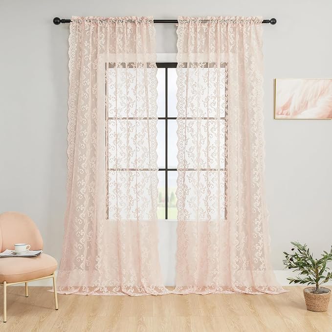 FOLKSIDE Blush Pink Lace Curtains 84 Inches Long 2 Panels Vintage French Floral - Image 2