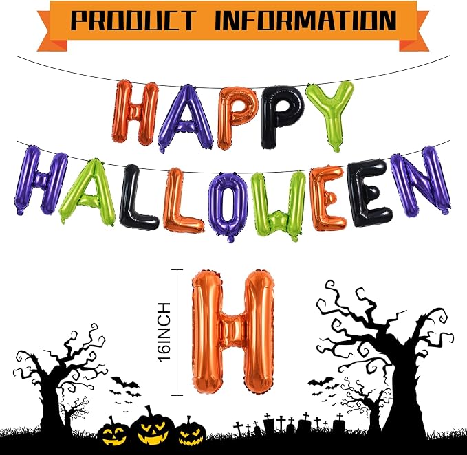 TONIFUL 16 Inch Happy Halloween Balloons Banner, Sign Decorations, Colorful - Image 2