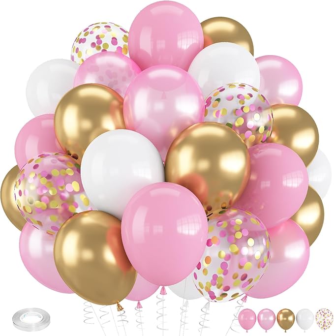 Pink and Gold Balloons, 12 Inch Light Baby Pink White and Gold Confetti Balloons by Froova