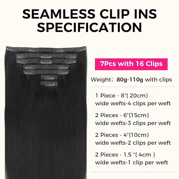 Lashey Seamless Clip in Hair Extensions Real Human Hair Straight 7pcs 110g Seamless Hair Extensions, Jet Black #1 24 Inch Human Hair Clip in Extensions with Soft PU Weft