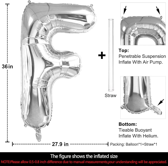 Lovoir 40 Inch Large Silver Letter F Balloons Big Size Jumbo Mylar Foil Helium - Image 2