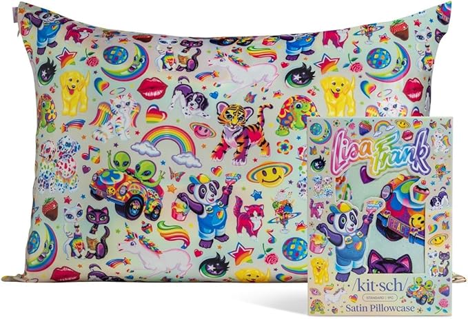 Kitsch x Lisa Frank Satin Pillowcase with Zipper for Hair & Skin, Softer Than Silk Pillow Cases, Wrinkle-Free, Smooth and Cooling Satin Pillow Covers Queen Size 19x26-The Fantastic World of Lisa Frank