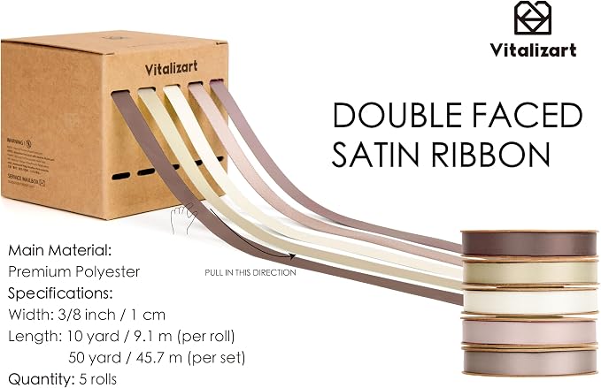 Vitalizart Nude & Pink Ribbons for Crafts 3/8" x 50Yds Double-Faced Satin | - Image 2