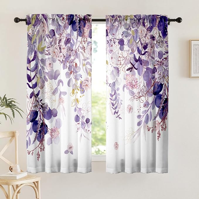 Purple Eucalyptus Floral Curtains 63 Inch Length Watercolor Flower Plant Light by GOLDLAWN